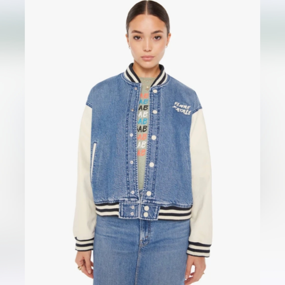 Mother The Pregame Bomber Denim Jacket in Strike a Pose sz Medium NWT
